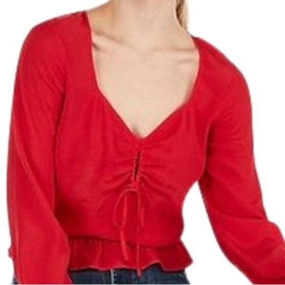 Express Tops - Express Ruched V neck Red Top, L